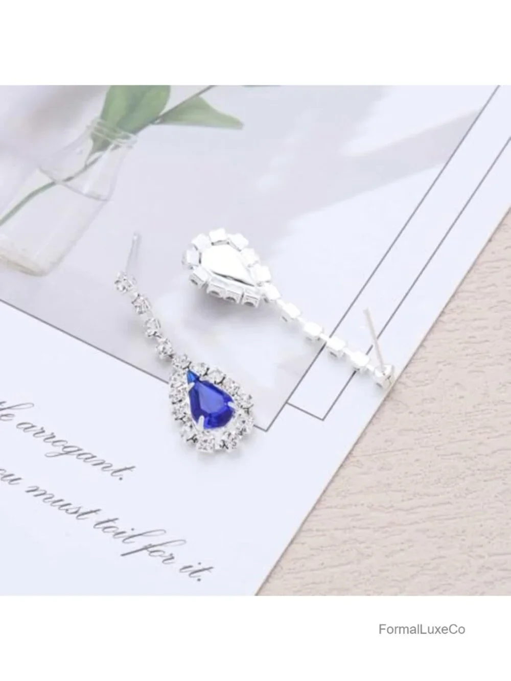 Blue Crystal Teardrop Dangle Earrings Rhinestone Drop Earrings Bridal Wedding